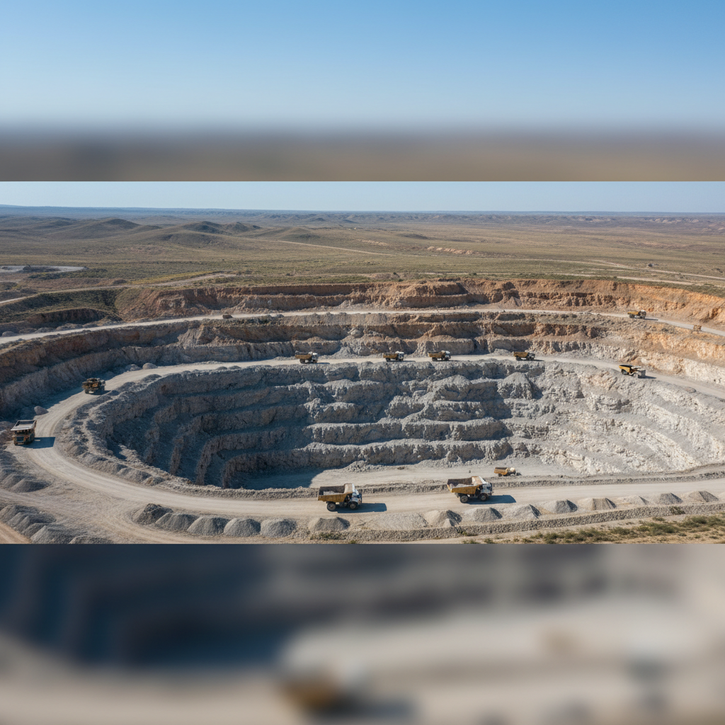 A wide panoramic photographic view of the Moyynkum-2 open-pit construction stone deposit in Zhambyl Region, showing stepped quarry benches of light gray and beige rock receding into the distance. Massive haul trucks and wheel loaders appear as small, precise machine forms along terraced levels, emphasizing scale without focusing on branding. The pit is surrounded by semi-arid steppe with sparse vegetation and low hills on the horizon. Clear midday sunlight from a cloudless sky creates crisp shadows that define the rock textures and bench geometry. Captured from a slightly elevated drone-like perspective with sharp focus throughout, the composition feels clean, professional, and documentary, ideal for a homepage hero image about mineral resource development and quarry operations.