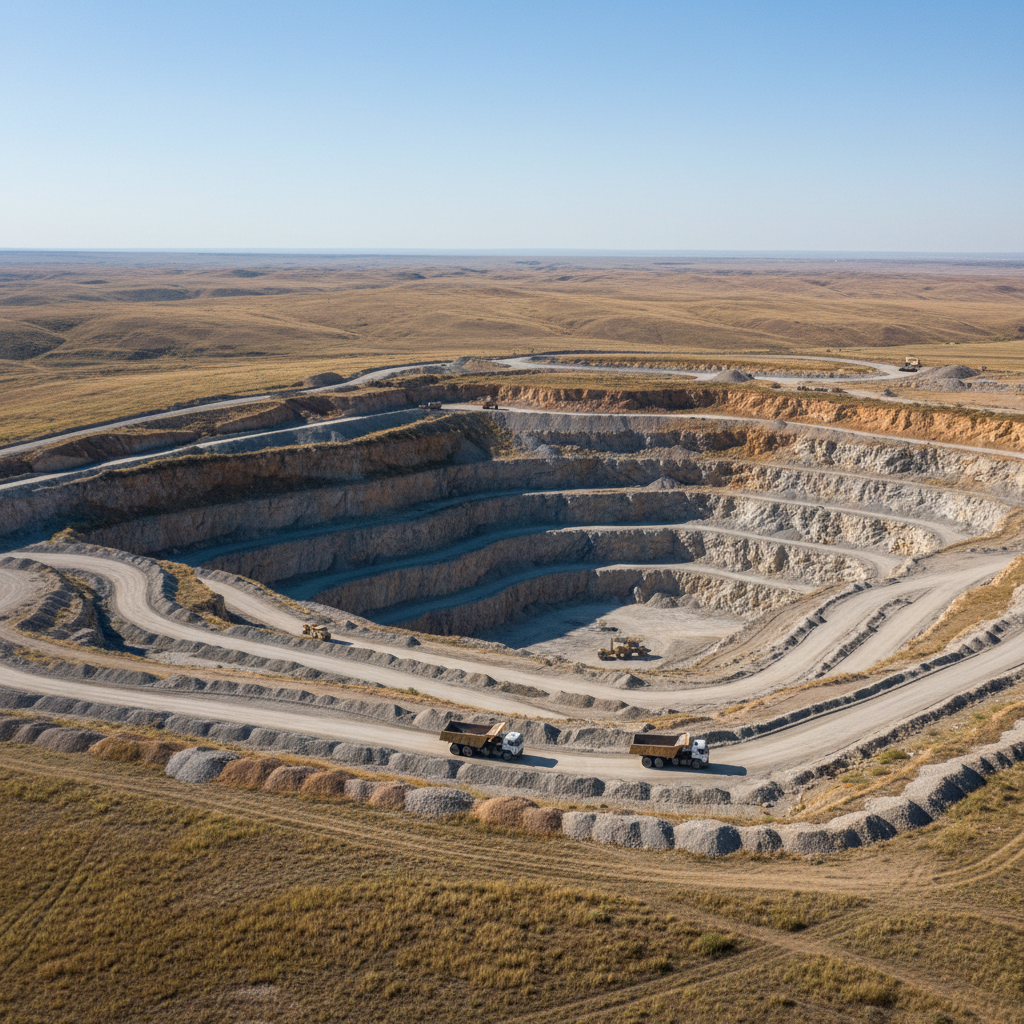 A wide panoramic photographic view of the Moyynkum-2 open-pit construction stone deposit in Zhambyl Region, showing stepped quarry benches of light gray and beige rock receding into the distance. Massive haul trucks and wheel loaders appear as small, precise machine forms along terraced levels, emphasizing scale without focusing on branding. The pit is surrounded by semi-arid steppe with sparse vegetation and low hills on the horizon. Clear midday sunlight from a cloudless sky creates crisp shadows that define the rock textures and bench geometry. Captured from a slightly elevated drone-like perspective with sharp focus throughout, the composition feels clean, professional, and documentary, ideal for a homepage hero image about mineral resource development and quarry operations.