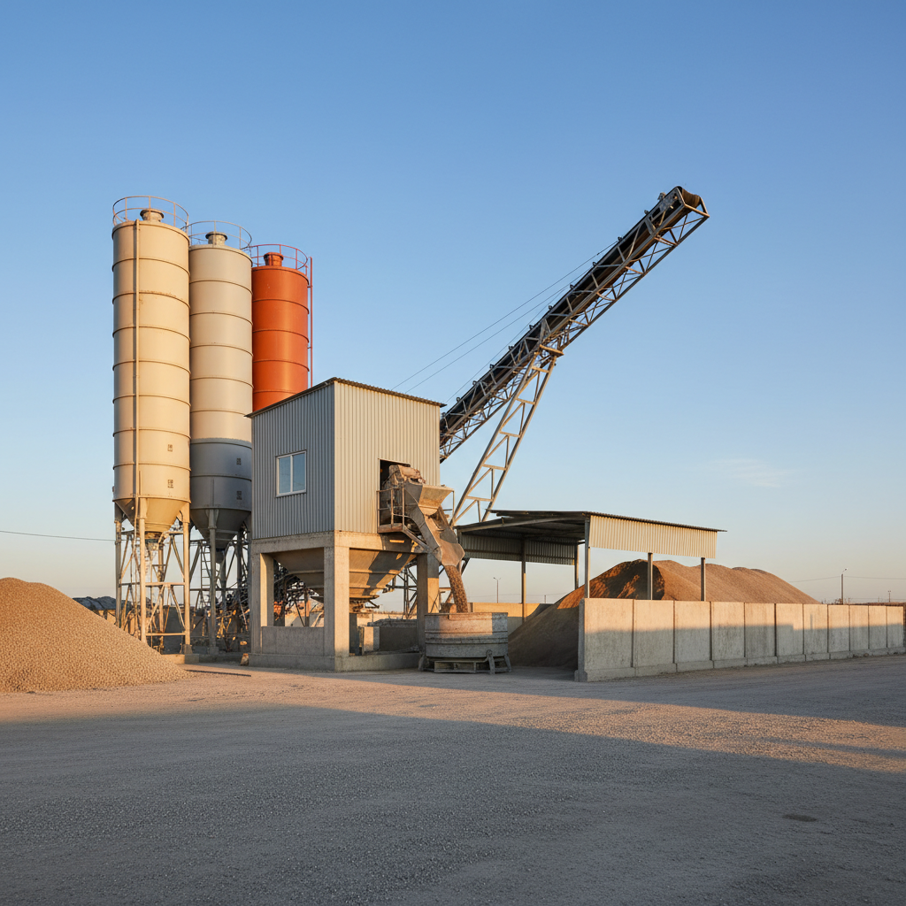 A modern concrete batching plant in Zhambyl Region, with tall silos painted in neutral industrial colors, a conveyor system feeding aggregate bins, and a compact mixer building in the center. Freshly mixed concrete is being discharged into a waiting drum-like receiver under a covered loading area, with no visible operators. The yard is orderly, with stockpiles of sand and crushed stone neatly separated by concrete barriers. Late afternoon golden sunlight casts warm highlights on metal surfaces and soft shadows across the yard, emphasizing tidiness and precision. Photographed from an eye-level three-quarter angle with rule-of-thirds framing, the image has a crisp, realistic look and a calm, confident mood, conveying reliability and high production standards.