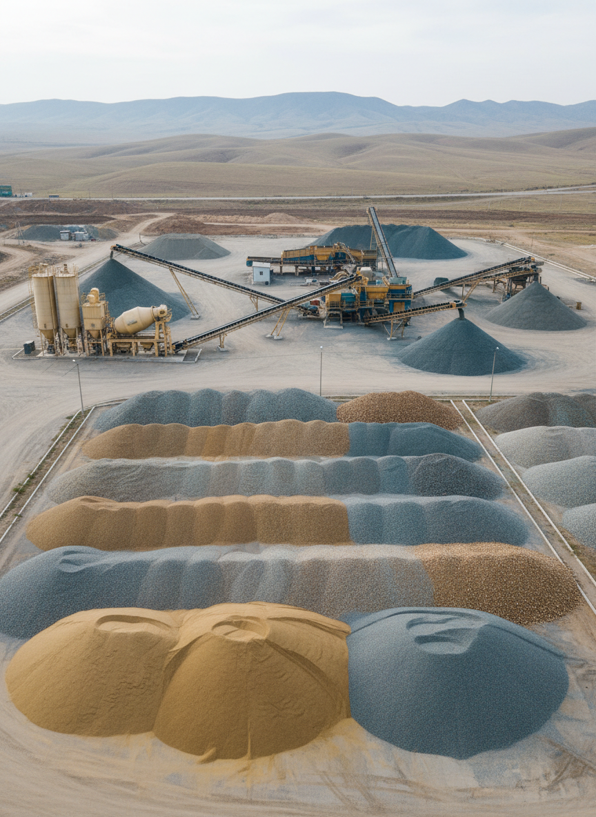 A spacious industrial yard combining both a concrete and crushed stone plant, representing a vertically integrated construction materials operation in Zhambyl Region. In the foreground, organized stockpiles of various aggregate fractions form layered textures and tones, from fine sand to large crushed stone. In the middle ground, a compact concrete batching unit stands beside a larger gravel crushing and screening complex, both connected by conveyor systems. In the distance, low hills hint at the Moyynkum-2 deposit. Soft, slightly overcast daylight provides even, diffused lighting with minimal harsh shadows, highlighting cleanliness and order. Captured from a gently elevated perspective with wide-angle composition and sharp focus, the atmosphere feels professional, stable, and trustworthy, suitable for explaining the full production cycle from quarry to finished concrete.