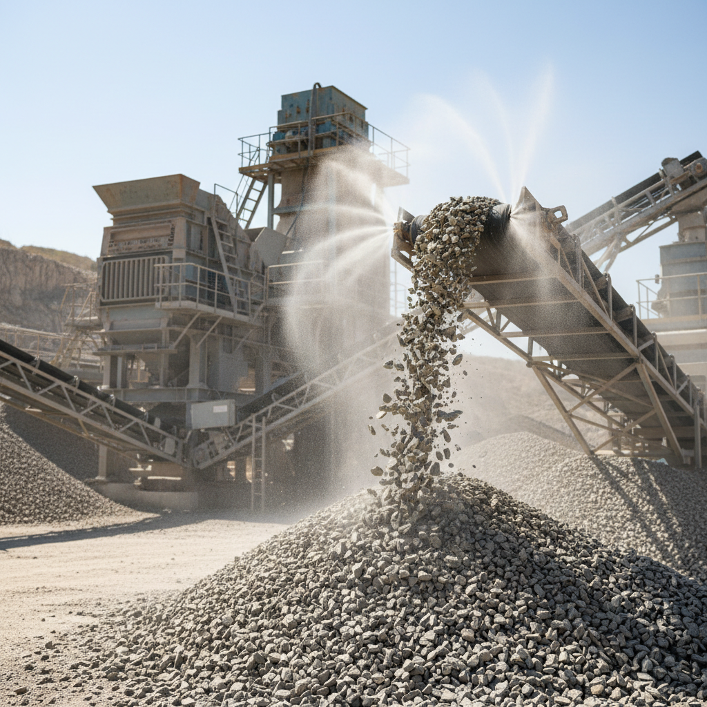 A detailed close-up photographic view of a crushed stone production line at a quarry near Moyynkum-2: heavy-duty jaw and cone crushers, vibrating screens, and conveyor belts transporting angular gray and beige aggregates. The primary focus is on the flowing stream of crushed stone dropping from a conveyor into a stockpile, individual stones clearly visible in mid-air. Dust suppression sprays create a fine mist, catching the bright overhead daylight and forming a subtle haze that softens the background machinery. Shot from a slightly low angle with moderate depth of field, the foreground aggregates are razor sharp while background equipment gently blurs. The mood is dynamic yet controlled, emphasizing modern technology, throughput, and quality in crushed stone production.