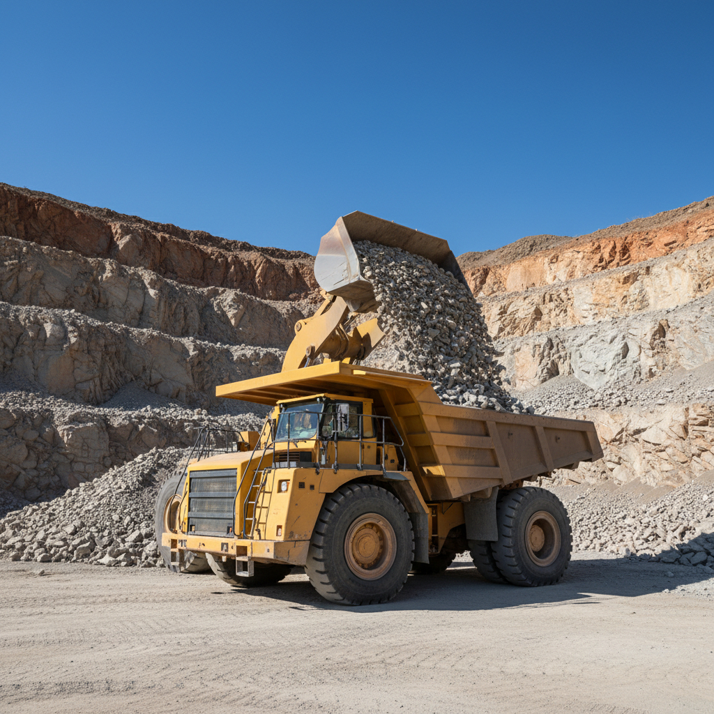 A rugged off-highway dump truck and a powerful wheel loader working together at a construction stone quarry associated with Moyynkum-2, depicted without logos or visible operators. The loader’s bucket is raised, releasing a cascade of angular crushed rock into the truck’s large steel bed, individual stones catching the strong mid-morning sunlight. Behind them, stepped quarry walls of stratified rock create a dramatic backdrop, with scattered rock fragments and graded haul roads leading upward. The sky is a clear, deep blue, and the bright natural light produces strong, directional shadows that emphasize the machines’ heavy-duty forms. Photographed from a low, slightly front-angled viewpoint for a bold, cinematic feel, the image conveys power, productivity, and the reliability of specialized quarry equipment (спецтехника) in professional resource extraction.