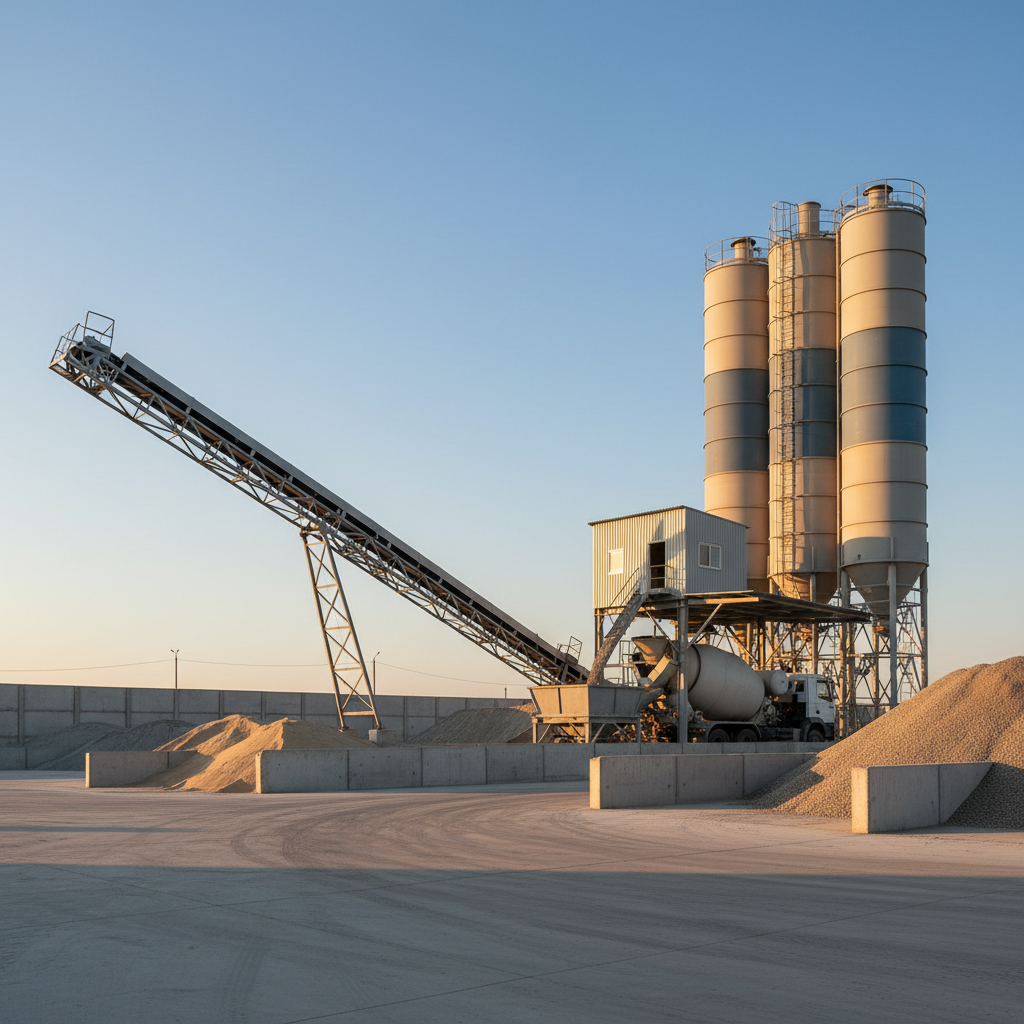 A modern concrete batching plant in Zhambyl Region, with tall silos painted in neutral industrial colors, a conveyor system feeding aggregate bins, and a compact mixer building in the center. Freshly mixed concrete is being discharged into a waiting drum-like receiver under a covered loading area, with no visible operators. The yard is orderly, with stockpiles of sand and crushed stone neatly separated by concrete barriers. Late afternoon golden sunlight casts warm highlights on metal surfaces and soft shadows across the yard, emphasizing tidiness and precision. Photographed from an eye-level three-quarter angle with rule-of-thirds framing, the image has a crisp, realistic look and a calm, confident mood, conveying reliability and high production standards.