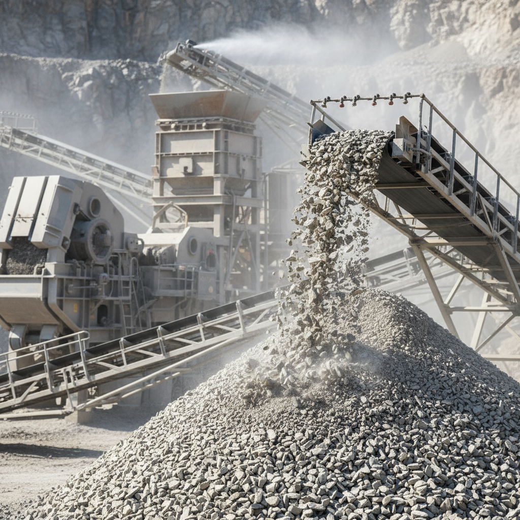 A detailed close-up photographic view of a crushed stone production line at a quarry near Moyynkum-2: heavy-duty jaw and cone crushers, vibrating screens, and conveyor belts transporting angular gray and beige aggregates. The primary focus is on the flowing stream of crushed stone dropping from a conveyor into a stockpile, individual stones clearly visible in mid-air. Dust suppression sprays create a fine mist, catching the bright overhead daylight and forming a subtle haze that softens the background machinery. Shot from a slightly low angle with moderate depth of field, the foreground aggregates are razor sharp while background equipment gently blurs. The mood is dynamic yet controlled, emphasizing modern technology, throughput, and quality in crushed stone production.