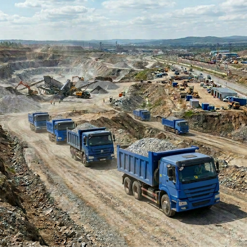 Line of dump trucks carrying gravel in a large open-pit mining operation