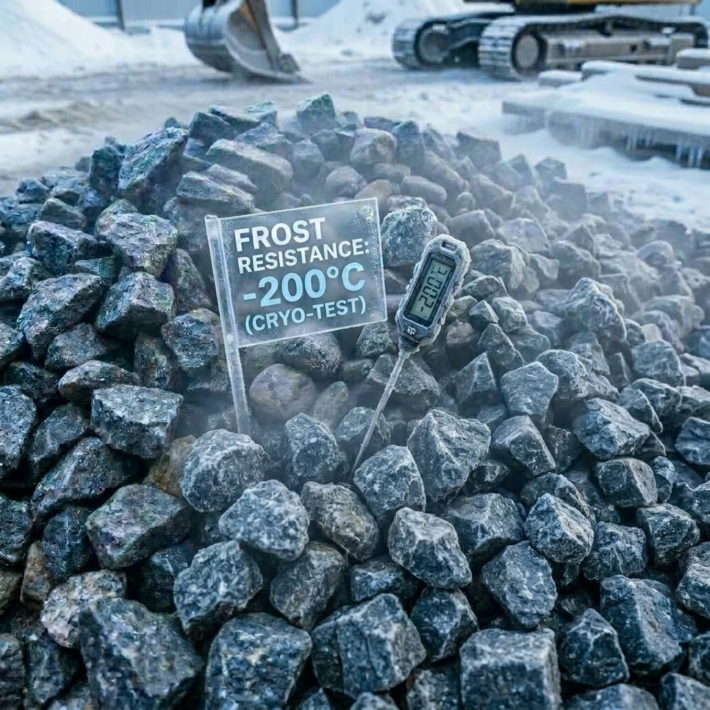 Pile of rocks with frost resistance sign and thermometer showing -200 degrees Celsius